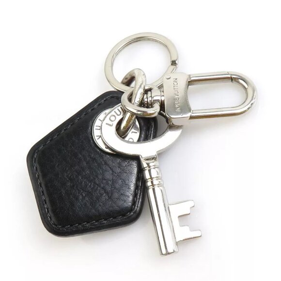 Auth LOUIS VUITTON Charm Key Ring Black/Silver Metal/Leather